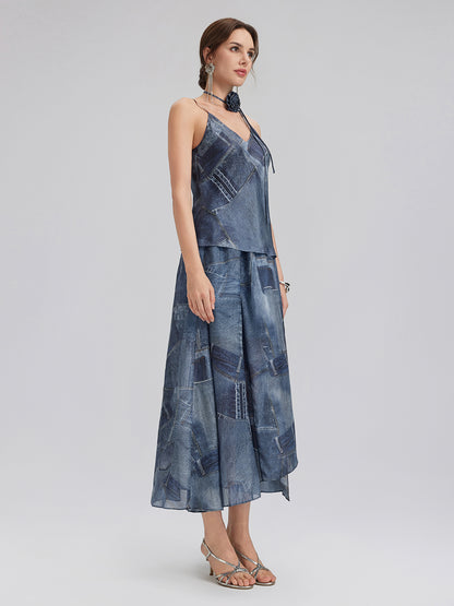Silk Chiffon Denim-Print Skirt
