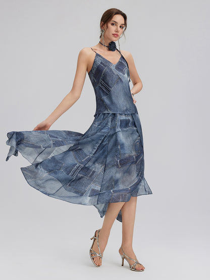 Silk Chiffon Denim-Print Skirt