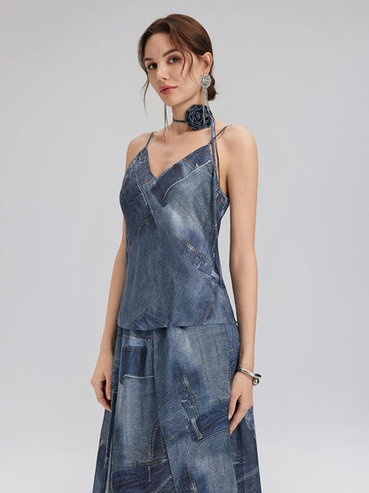 Denim-Print Silk Satin Cami