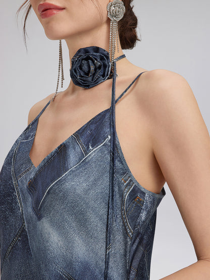 Denim-Print Silk Satin Cami