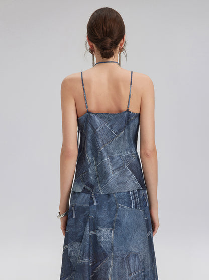 Denim-Print Silk Satin Cami