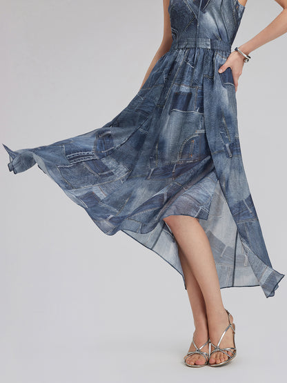 Silk Chiffon Denim-Print Skirt