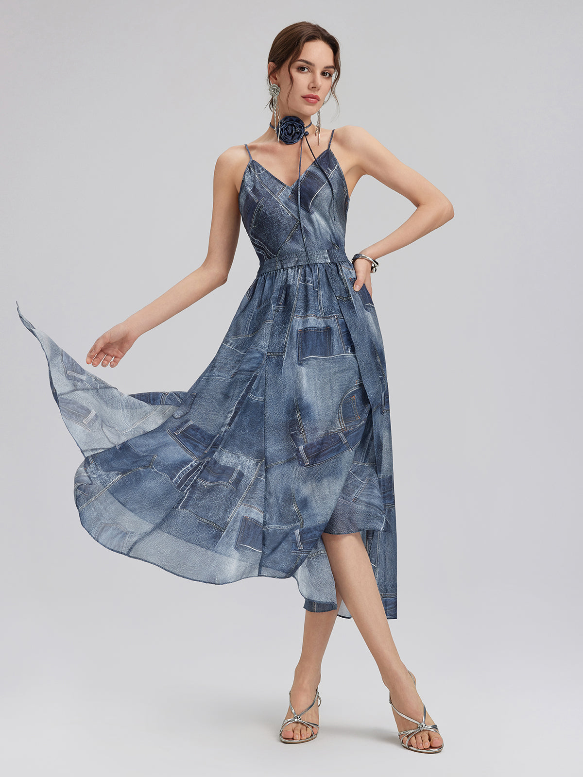 Silk Chiffon Denim-Print Skirt