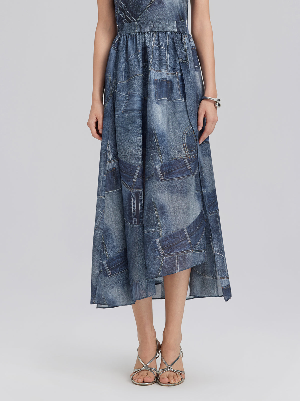 Silk Chiffon Denim-Print Skirt