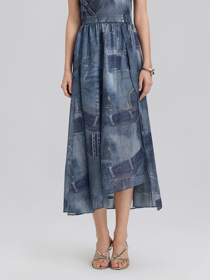 Silk Chiffon Denim-Print Skirt