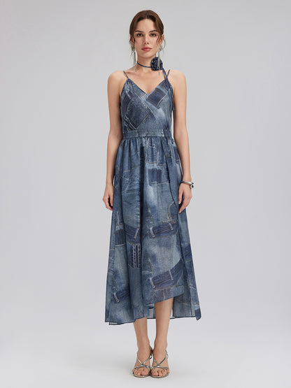Silk Chiffon Denim-Print Skirt