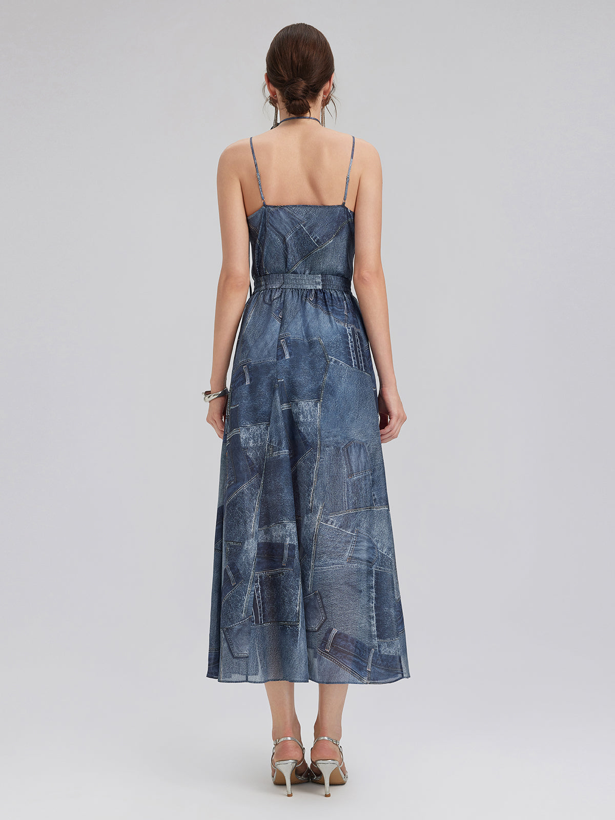 Silk Chiffon Denim-Print Skirt