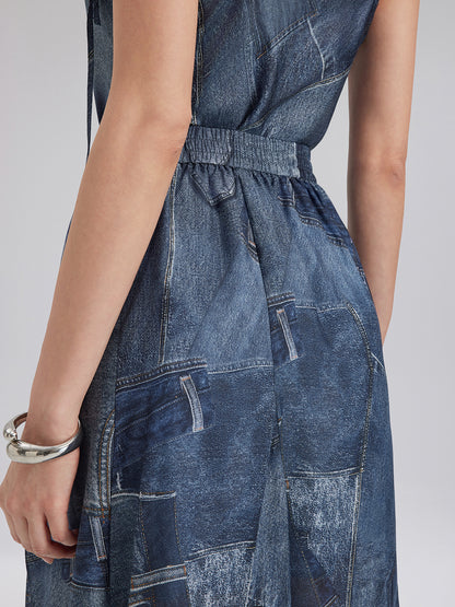 Silk Chiffon Denim-Print Skirt