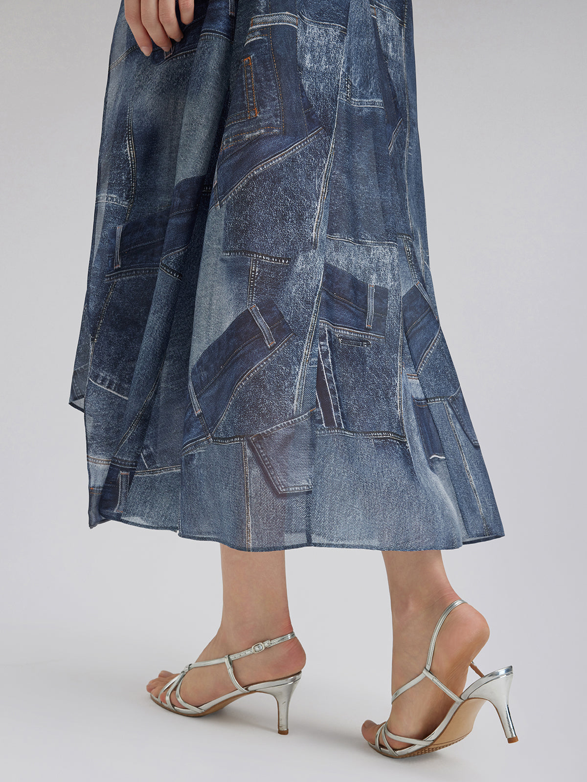 Silk Chiffon Denim-Print Skirt