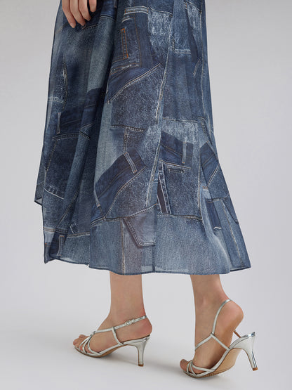 Silk Chiffon Denim-Print Skirt