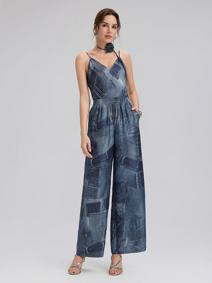 Denim-Print Silk Satin Cami