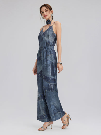 Denim-Print Silk Satin Cami