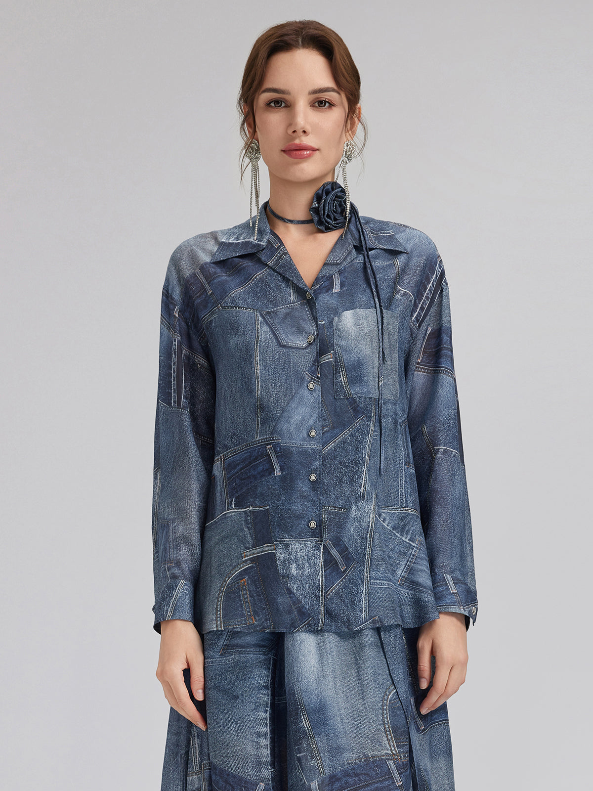 Silk Chiffon Denim-Print Shirt