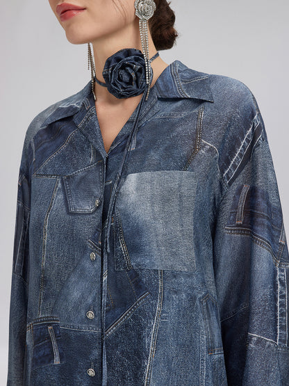 Silk Chiffon Denim-Print Shirt