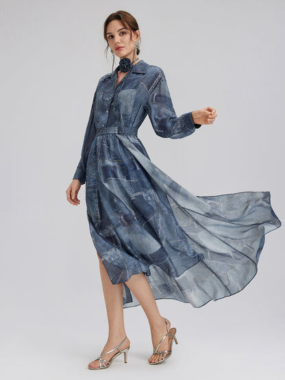 Silk Chiffon Denim-Print Shirt