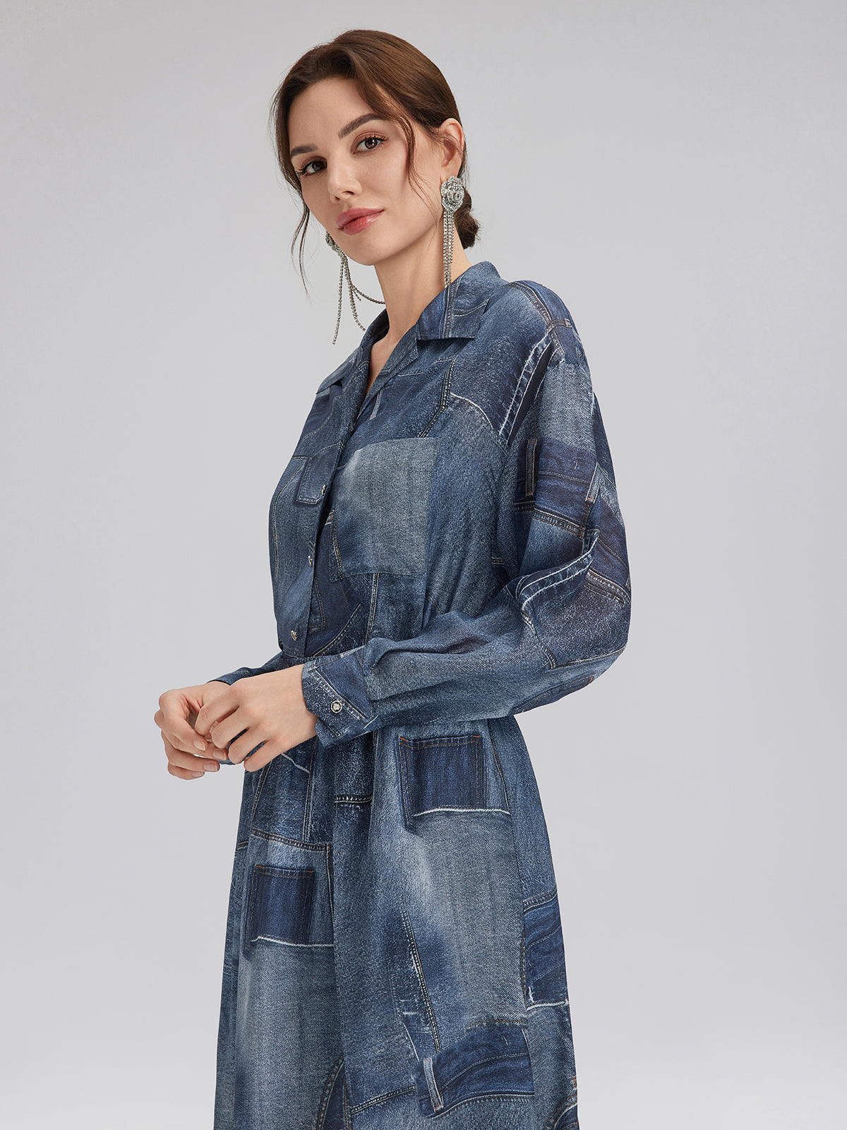 Silk Chiffon Denim-Print Shirt