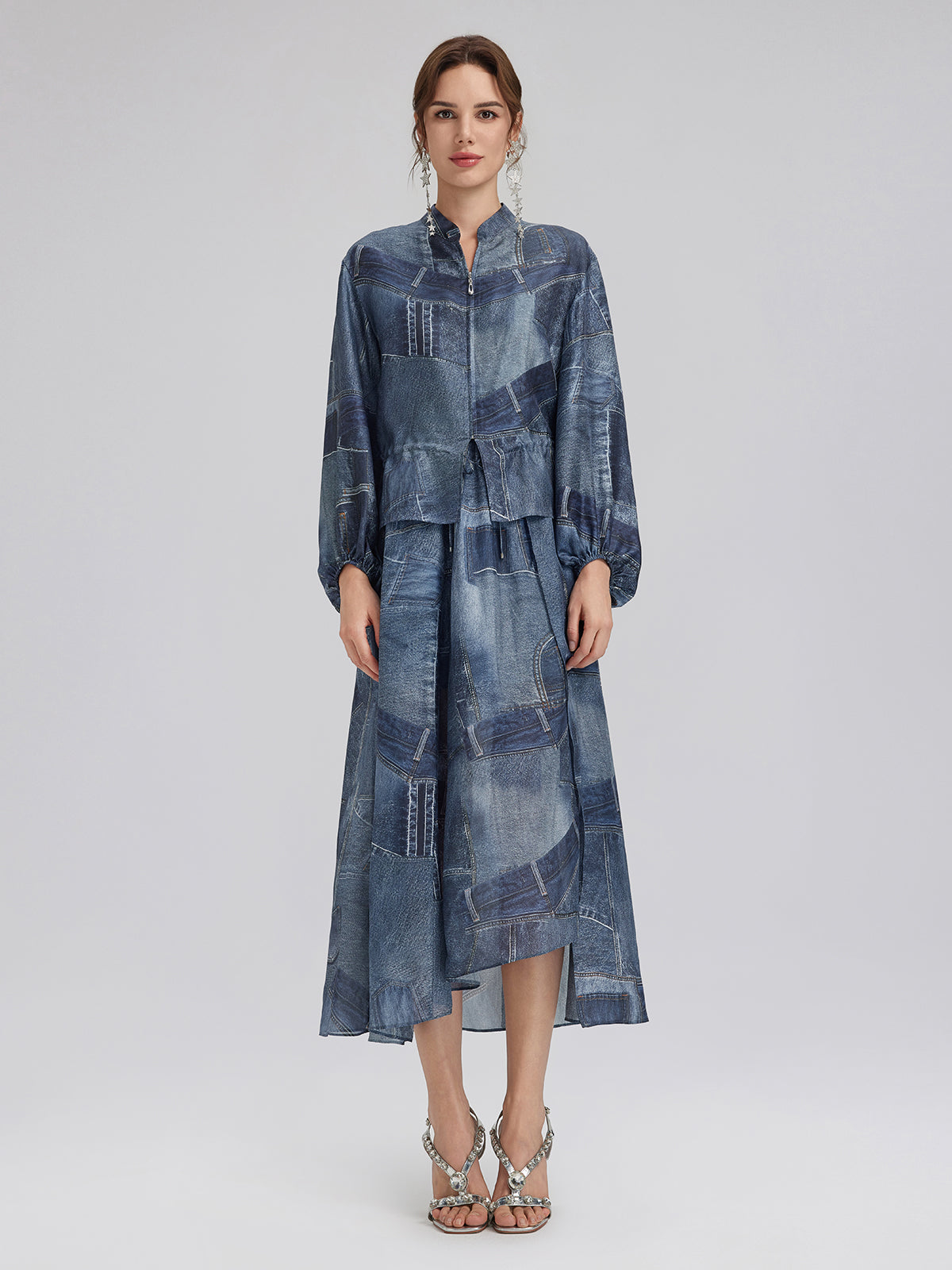 Silk Chiffon Denim-Print Skirt