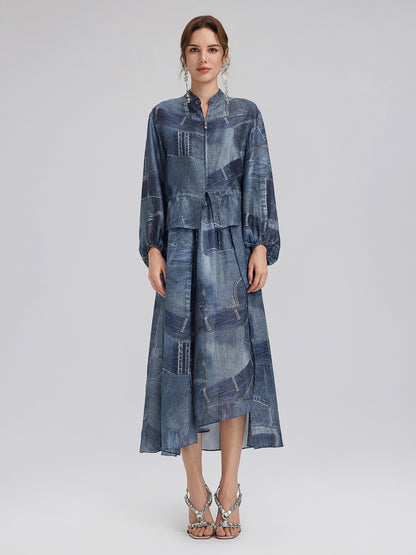Silk Chiffon Denim-Print Skirt