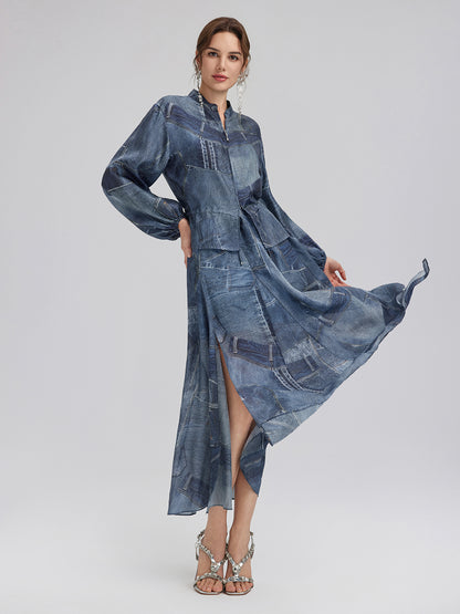 Silk Chiffon Denim-Print Skirt