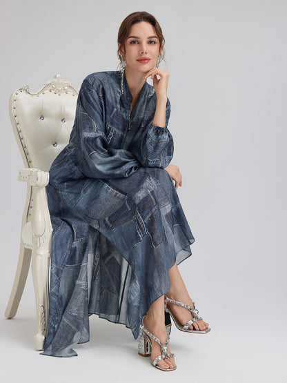 Silk Chiffon Denim-Print Skirt