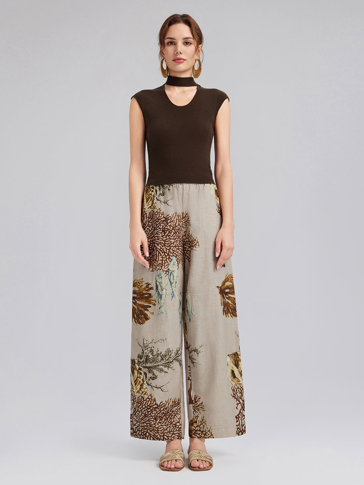Printed Ramie Elastic-Waist Pants