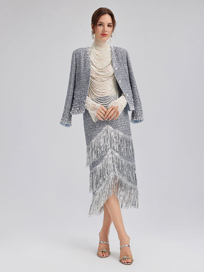 French Sequin Fringe Tweed Skirt