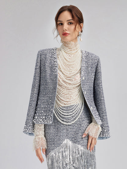 Layered Pearl Chain Halter Fringe Body Necklace