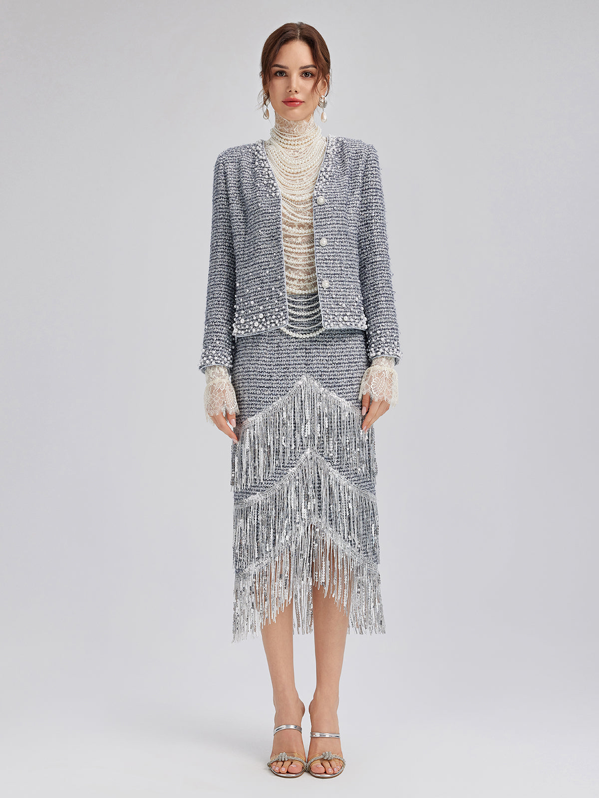 French Sequin Fringe Tweed Skirt