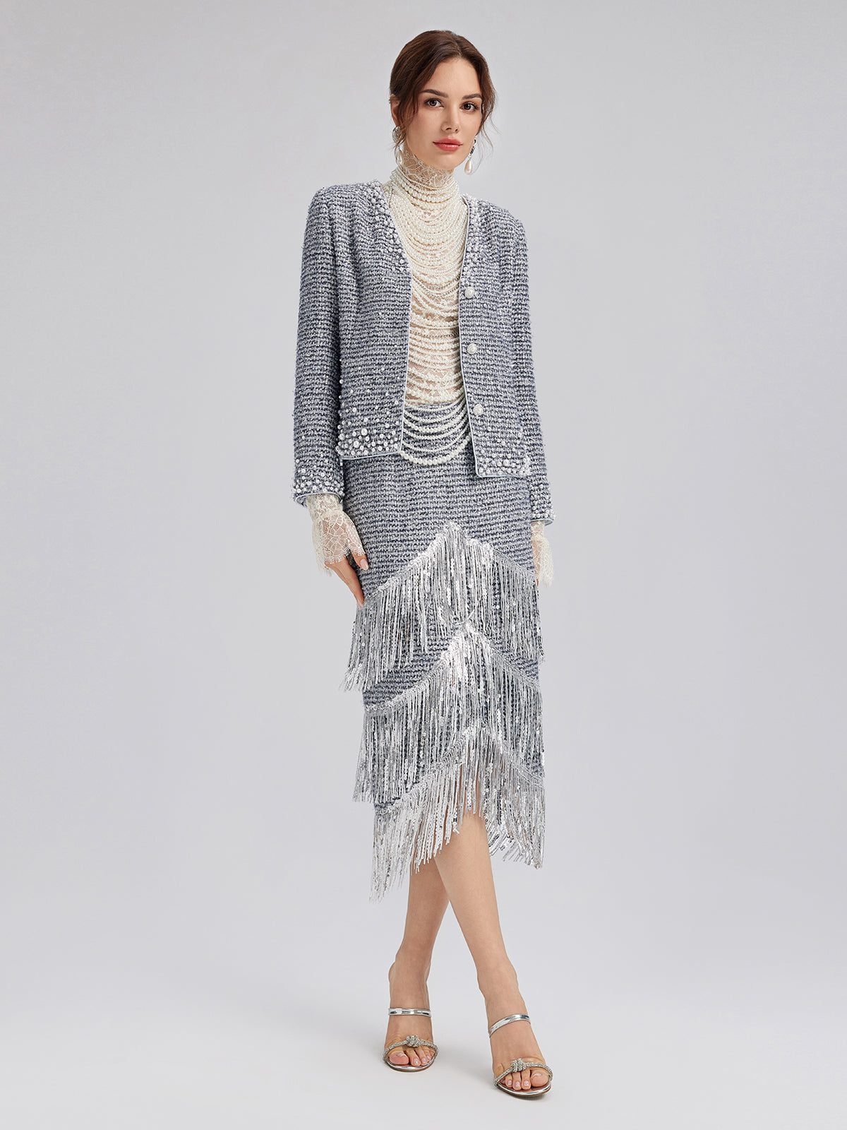 French Sequin Fringe Tweed Skirt