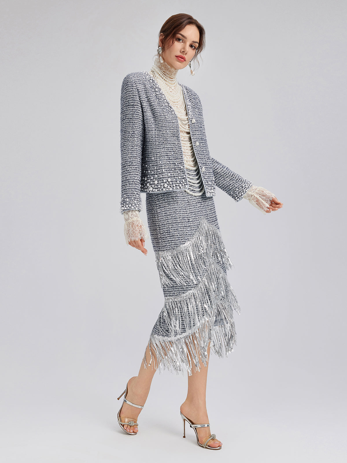 French Sequin Fringe Tweed Skirt