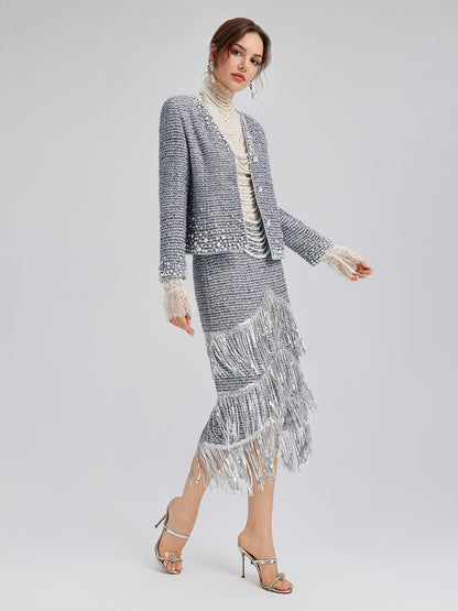 French Sequin Fringe Tweed Skirt