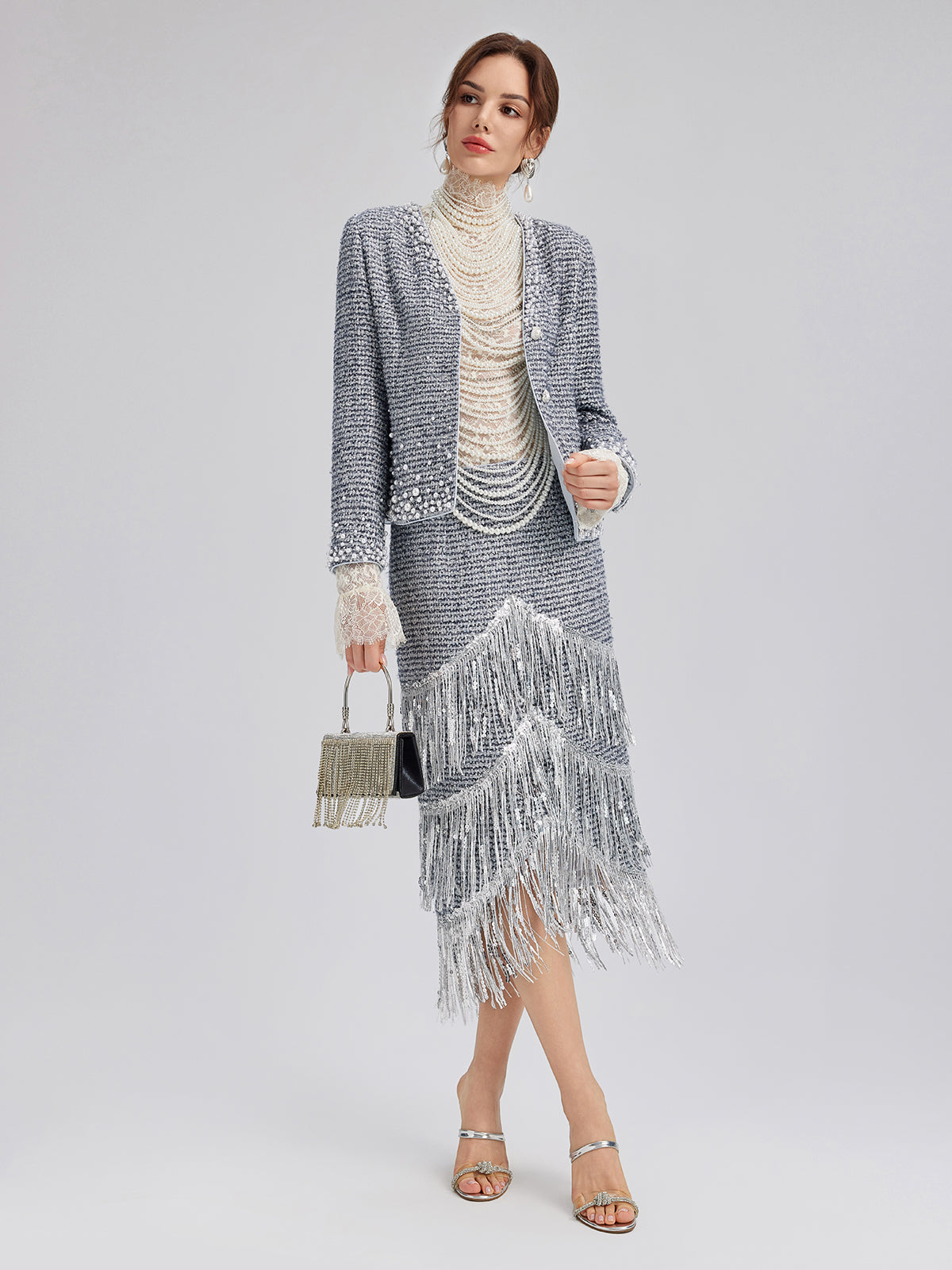 French Sequin Fringe Tweed Skirt