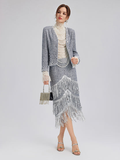 French Sequin Fringe Tweed Skirt