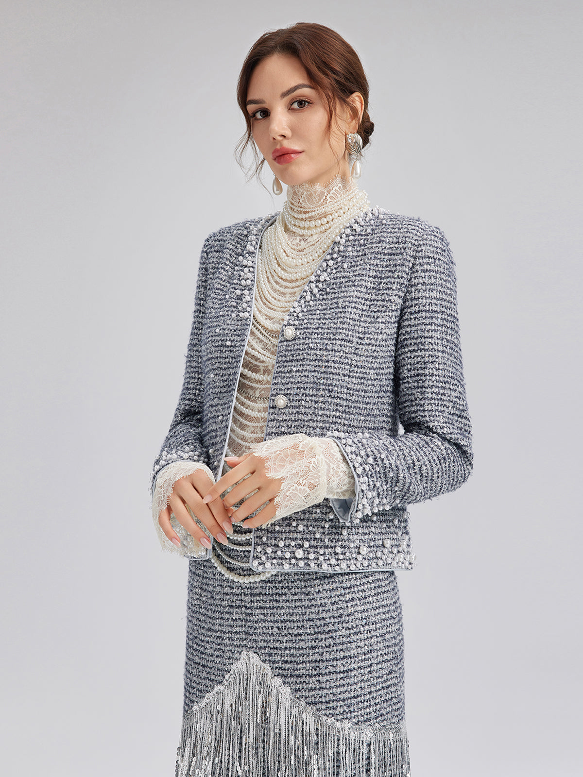French Hand-Beaded Pearl Tweed Jacket