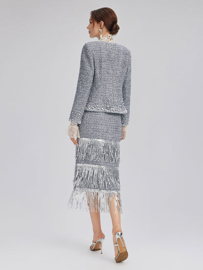 French Sequin Fringe Tweed Skirt
