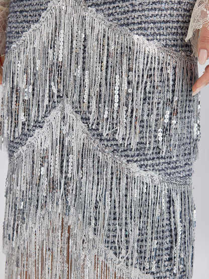 French Sequin Fringe Tweed Skirt