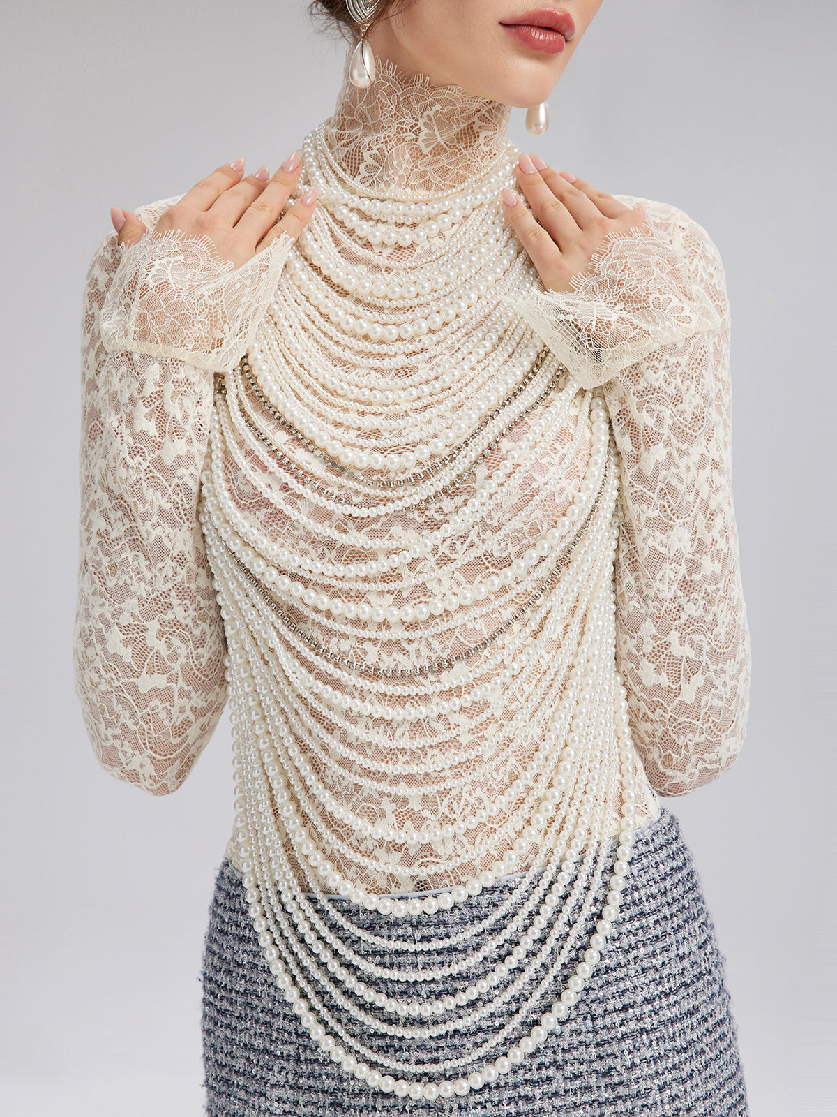 Layered Pearl Chain Halter Fringe Body Necklace