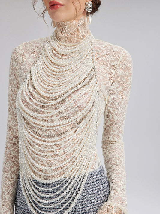 Layered Pearl Chain Halter Fringe Body Necklace