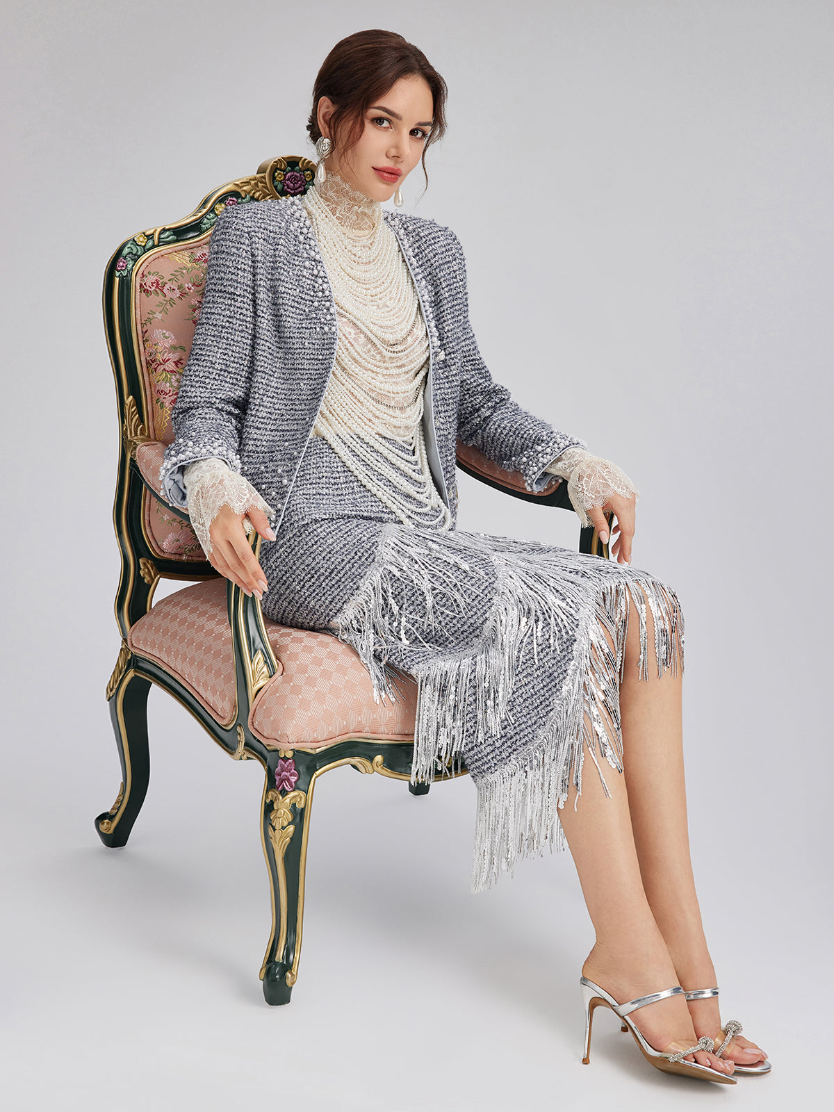 French Sequin Fringe Tweed Skirt