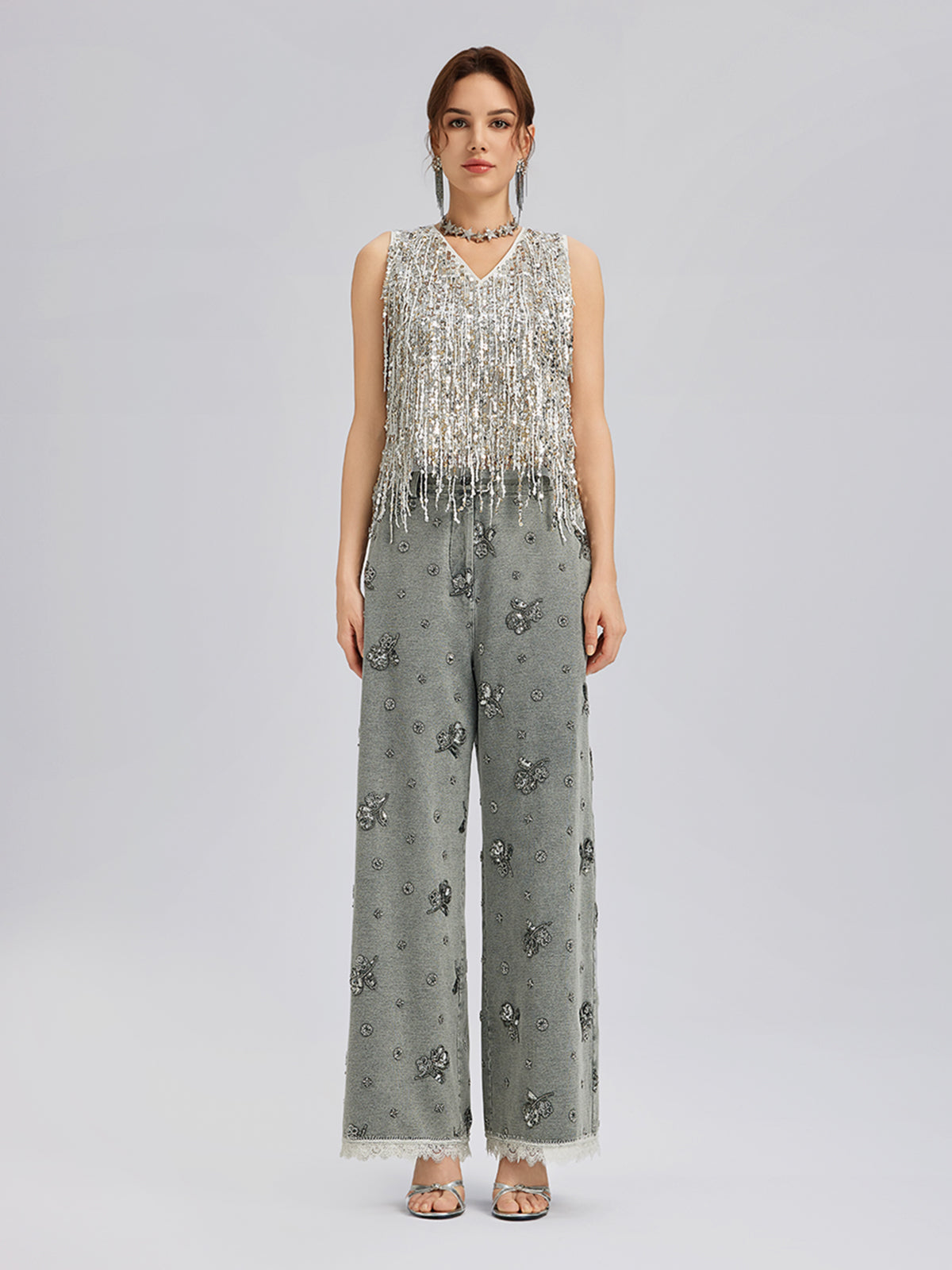 Garment Dyeing Beaded Denim Lace-Trim Pants