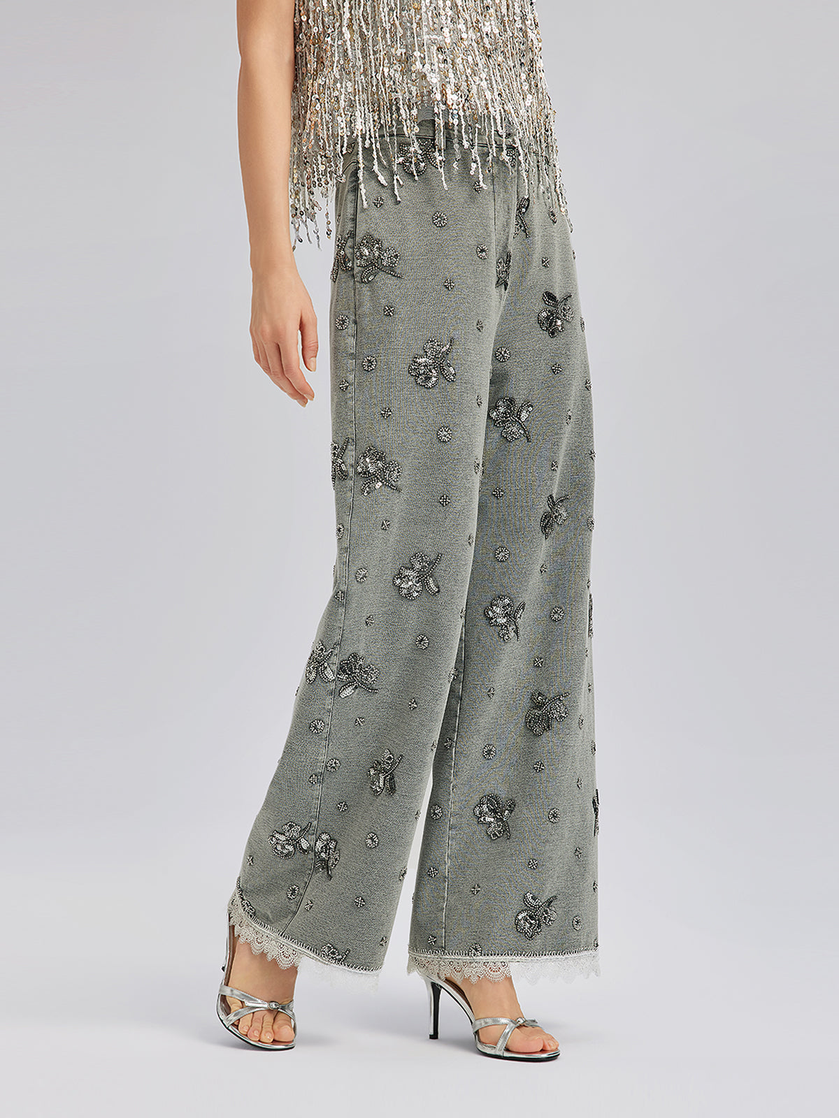 Garment Dyeing Beaded Denim Lace-Trim Pants