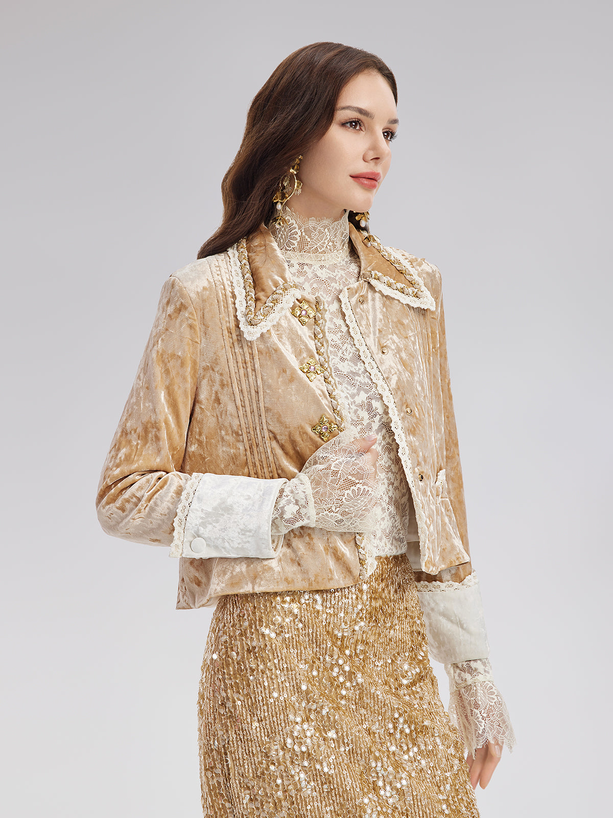 Velvet Lace Trim Short Jacket
