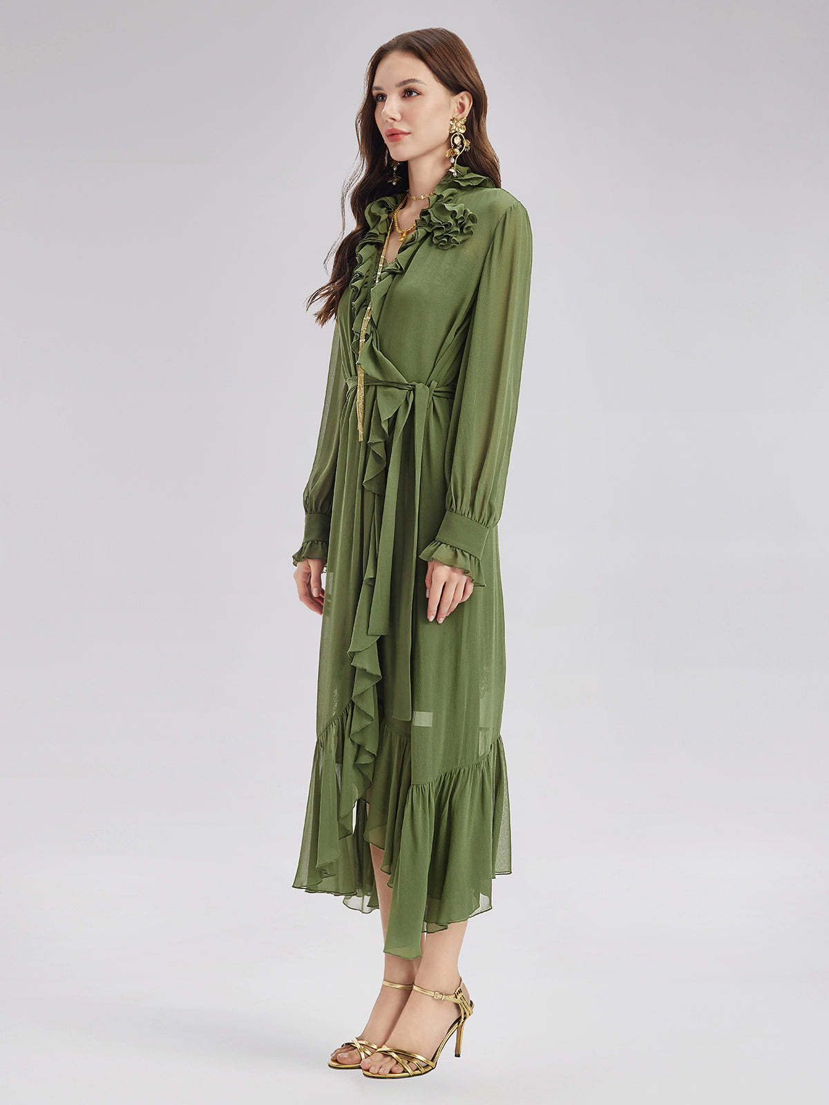 Silk Ruffle Hem Maxi Dress with Lace Cami