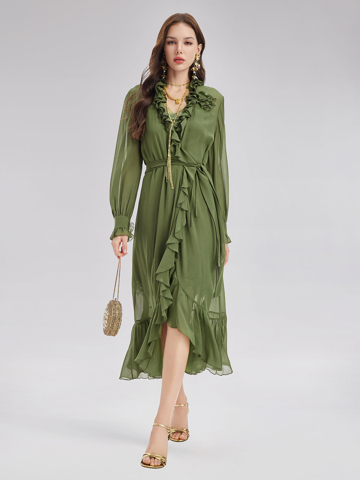 Silk Ruffle Hem Maxi Dress with Lace Cami