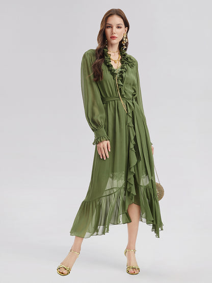 Silk Ruffle Hem Maxi Dress with Lace Cami
