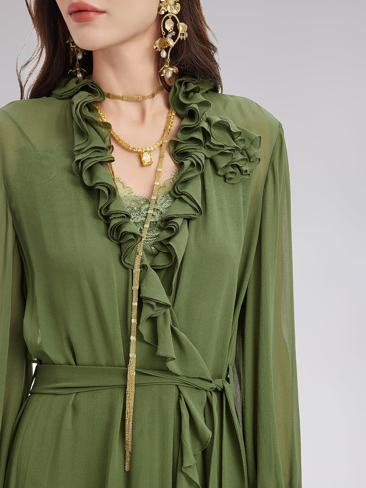 Silk Ruffle Hem Maxi Dress with Lace Cami