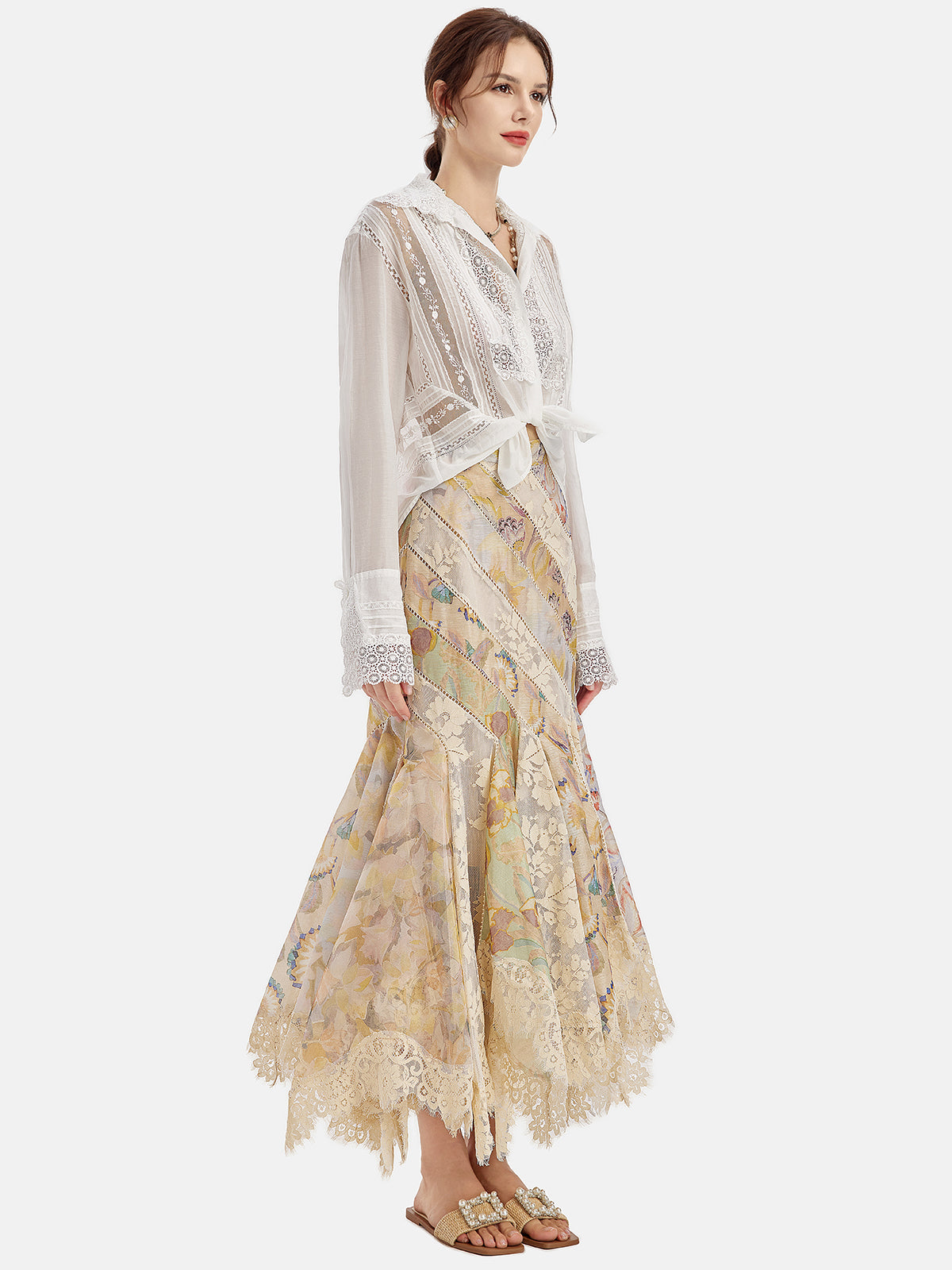 Hand-Embroidered Lace Long Sleeve Blouse
