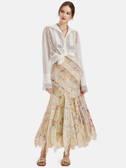 Hand-Embroidered Lace Long Sleeve Blouse