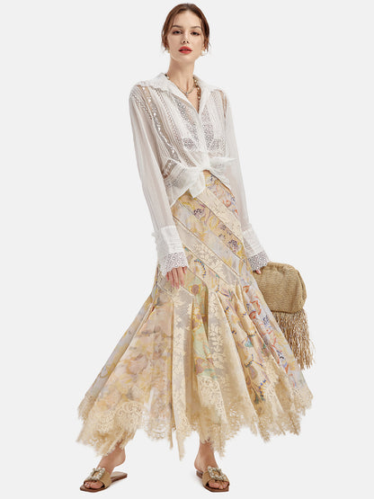 Hand-Embroidered Lace Long Sleeve Blouse