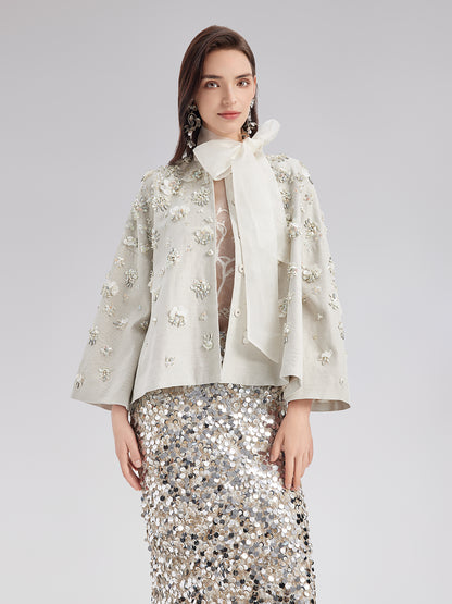 Hand-Embroidered Linen Cape Coat